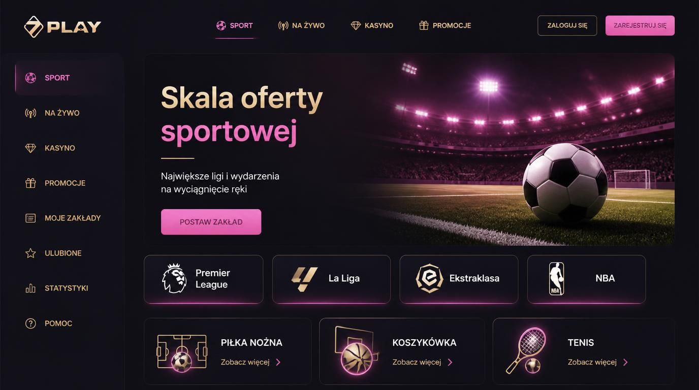 Interfejs pokazuje ofertę lig piłkarskich, koszykówki i tenisa