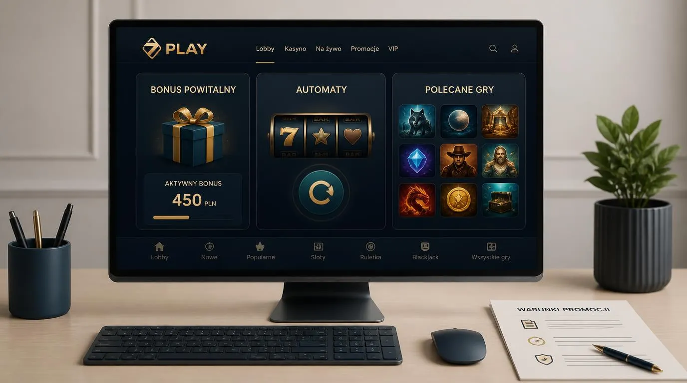 Trzy panele oferty kasyna przedstawiające bonus powitalny, darmowe spiny i wybór gier online