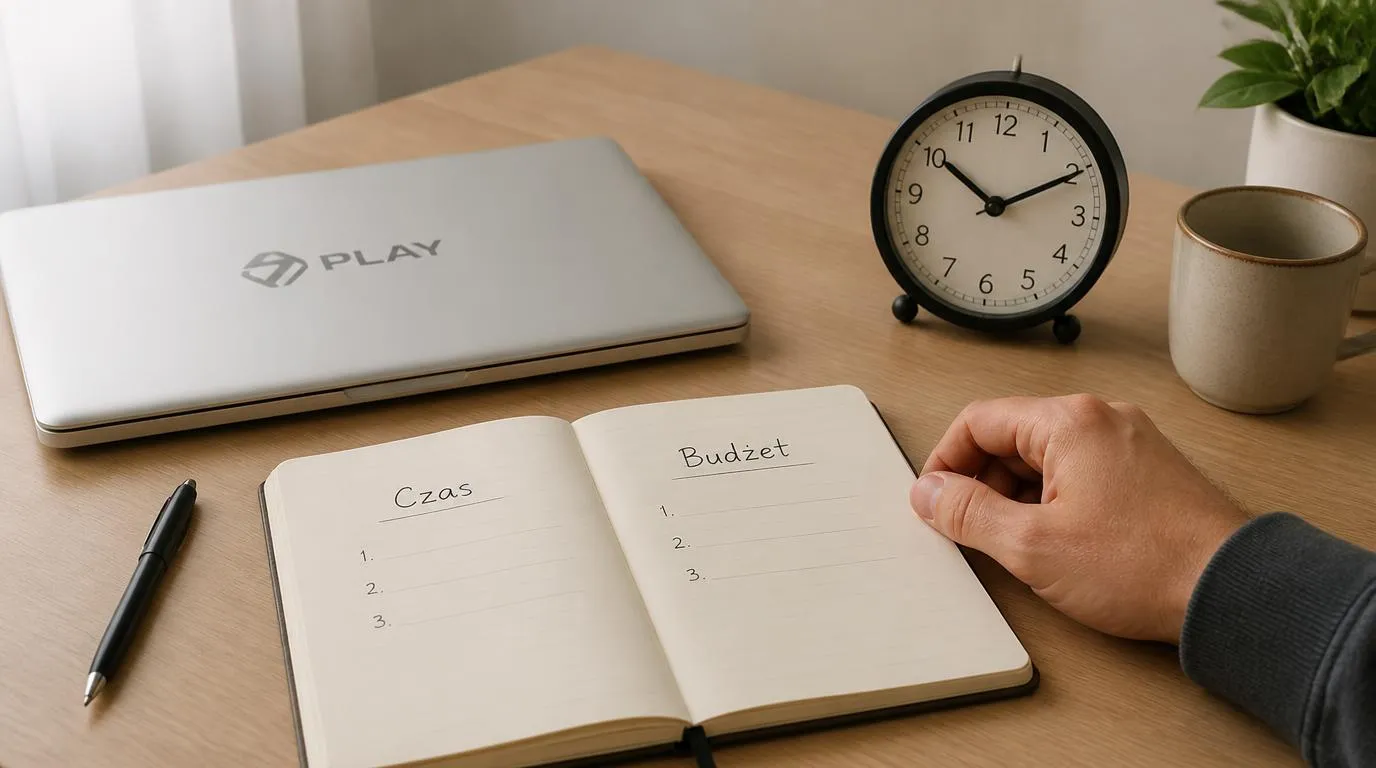 Zamknięty laptop, zegar i notes z planem czasu oraz budżetu na rozrywkę